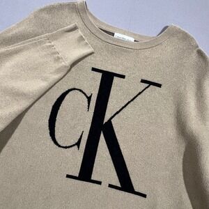 Vintage Calvin Klein Jeans Sweater Y2K CK Logo Oversized Knit Tan Women's Small